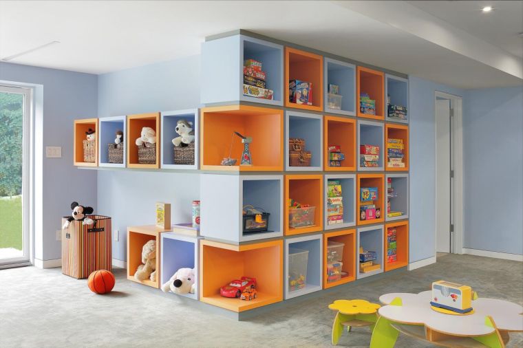 子供のプレイルーム収納壁-棚-オレンジ-ブルー