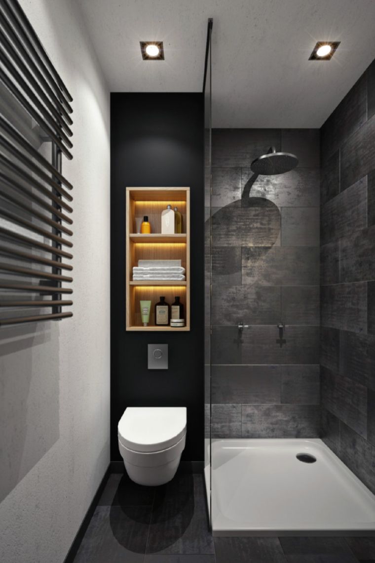 mažo modernaus vonios kambario su pilka danga nuotrauka