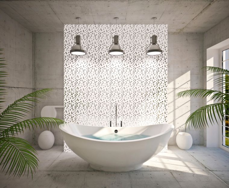 pilka ir balta vonios kambario apdaila pramoninio stiliaus betoninė siena