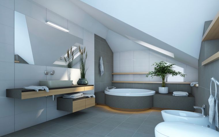 pilki ir balti vonios kambario mediniai stalviršiai modernūs baldai