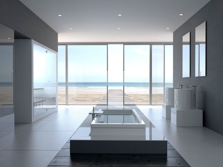 pilka ir balta vonios kambarys moderni stačiakampė vonia