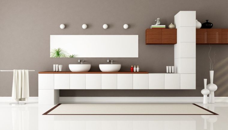 taupe pilka vonios įvaizdis balti modernaus dizaino baldai