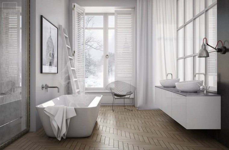 バスルーム-浴槽-アイデア-寄木細工の床-木材-トレンド-バスルーム