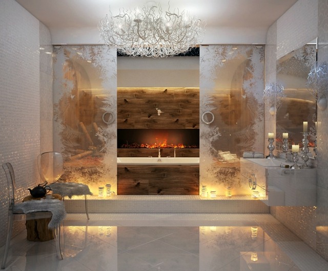 豪華な暖炉のあるバスルームのレイアウト