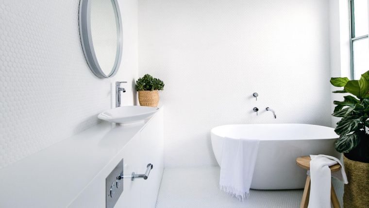 modernaus dizaino vonios kambario baltos spalvos dažai