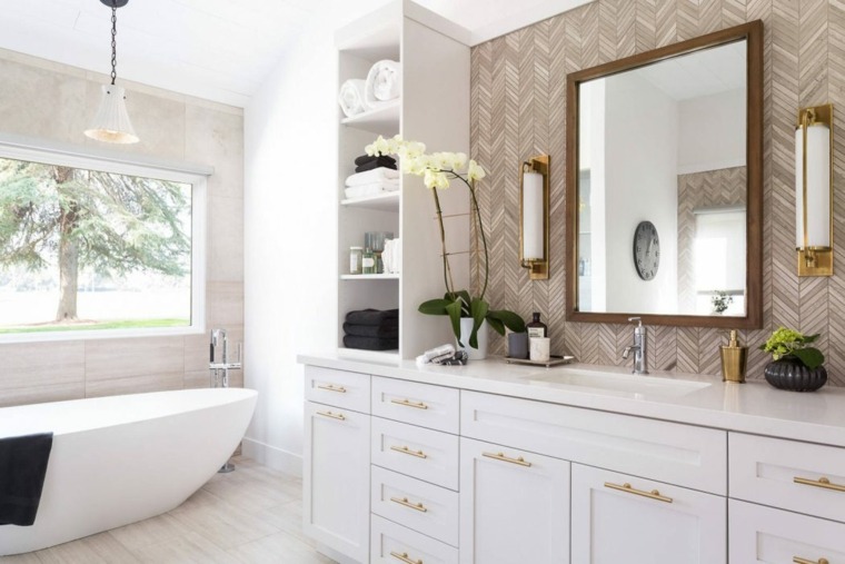 モダンなデザインのバスルームバスタブ木製寄木細工の鏡バスルームキャビネット