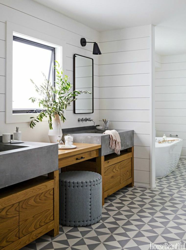 灰色の浴室タイル張りのスツール木製キャビネット