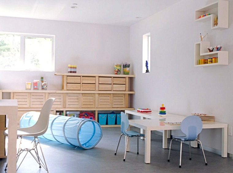vaikų žaidimų kambario idėjos balto stalo dizainas medinių baldų deko laikymo idėjos
