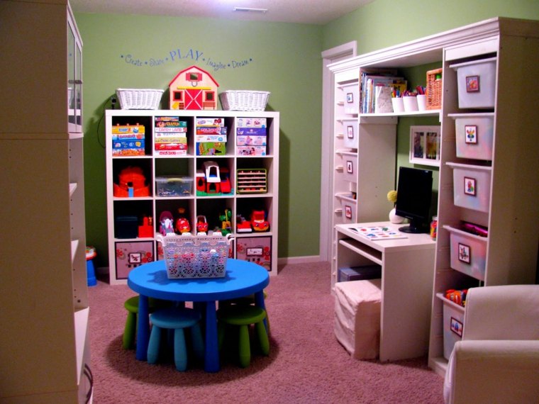 vaikų žaidimų kambario idėjų laikymo išdėstymo žaislai