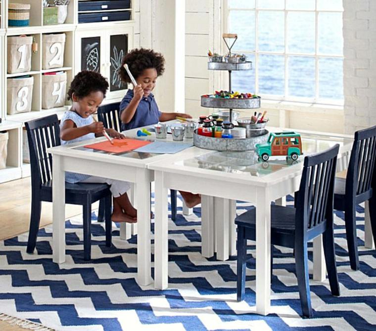 vaikų žaidimo idėja miegamojo išdėstymas grindų kilimėlis balta mėlyna dizaino knygų lentynos laikymo knyga