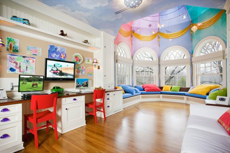 Vaikų kambario dekoro žaidimų aikštelės idėja pagalvėlės pufai