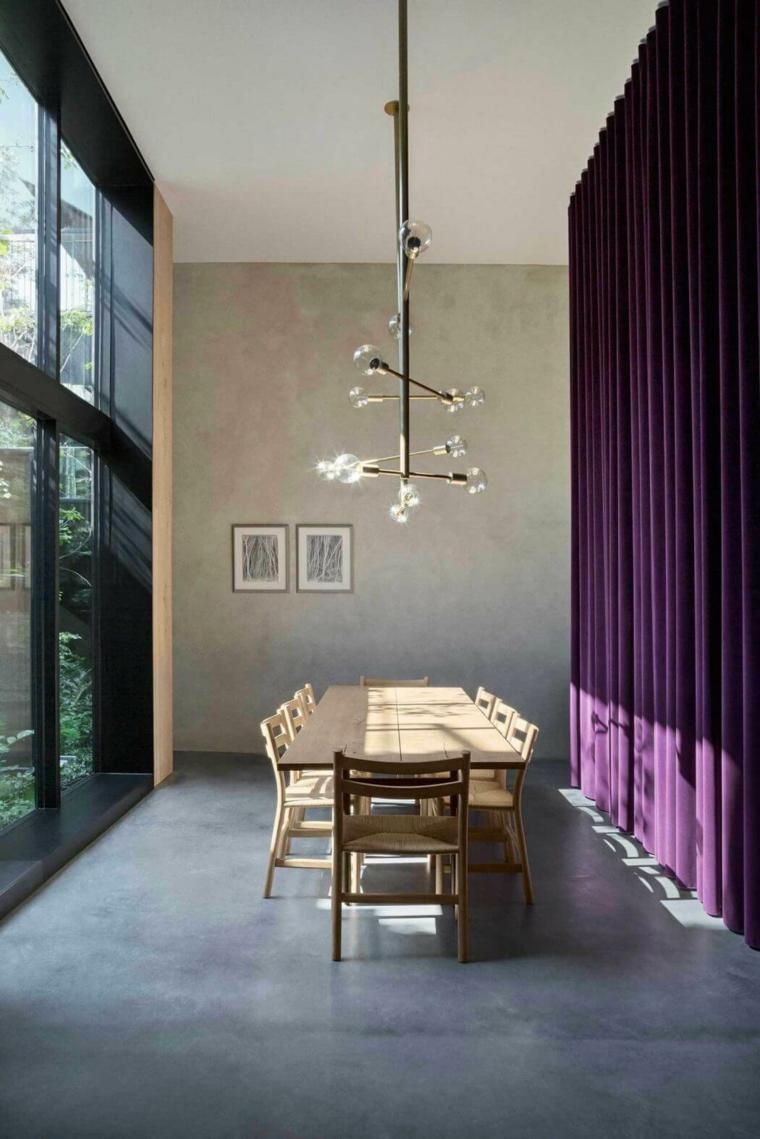moderan dizajn blagovaonica drveni stolni stolac dizajn rasvjetnih tijela zavjese velovi