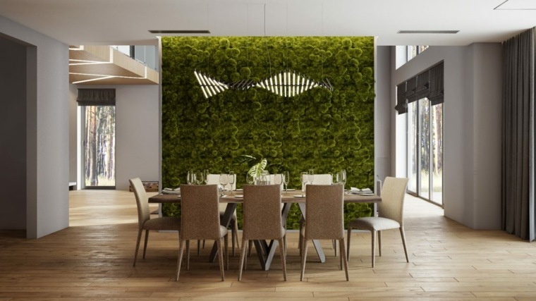 modern étkező kialakítás étkezőasztal világítótest felfüggesztés ötlet zöld fal