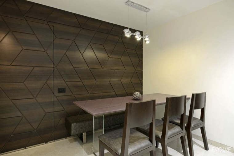 medinės sienos tekstūros idėja valgomojo šviestuvas valgomojo stalas medinis kėdės suoliukas