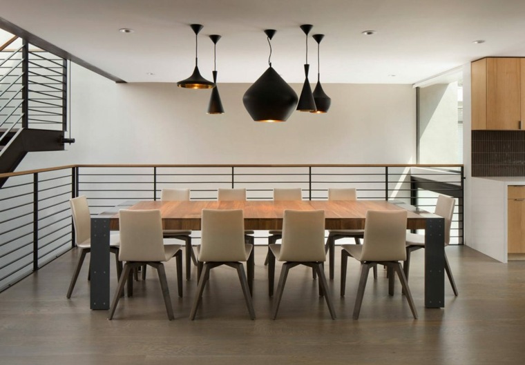 modern belsőépítészeti étkező fából készült asztal függő lámpák