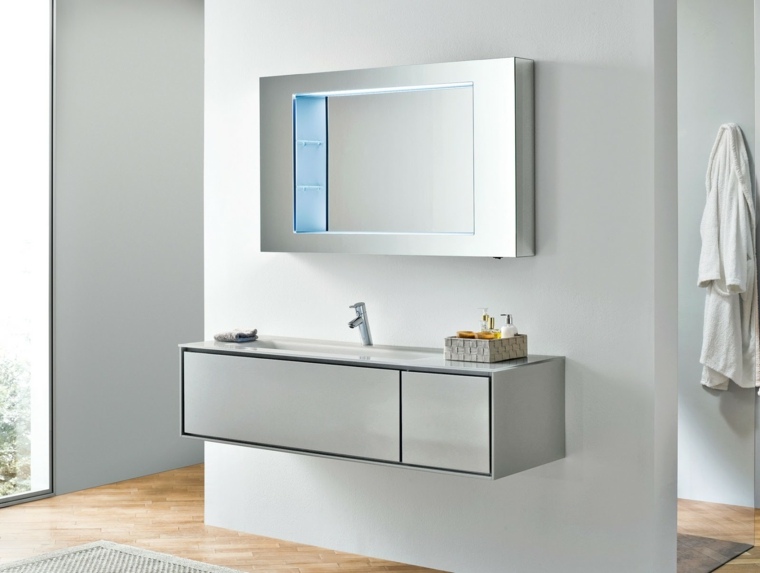 idea di parete specchio lavabo design bagno grigio