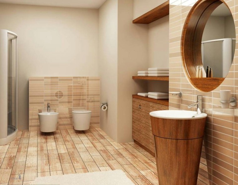 šiuolaikiškos vonios idėjos plytelėmis išklotos dušo kabinos veidrodžio medinė kriauklė