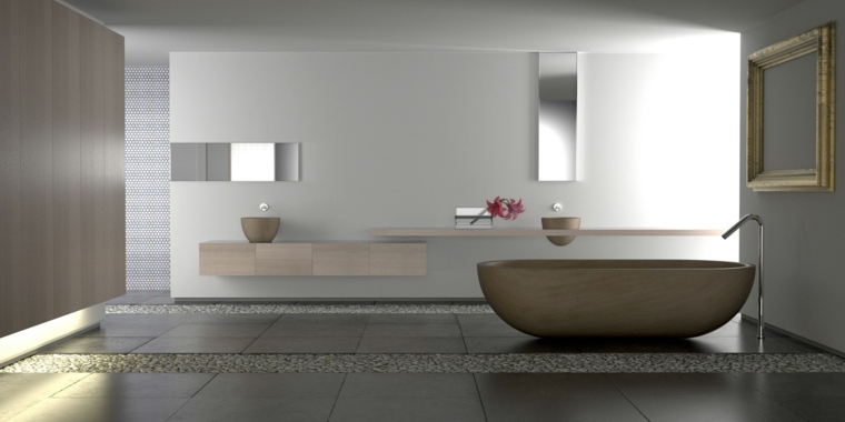 vonia medžio idėja modernus dizainas sutvarkykite veidrodinės erdvės idėjos akmenis