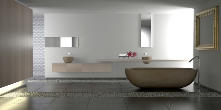 vasca da bagno idea in legno design moderno sistemare lo spazio dello specchio idea pietre