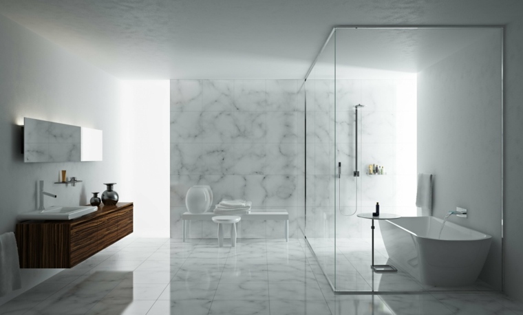 Modern fürdőszoba ötlet márvány design fa hiúság tükör kád