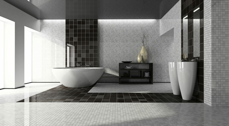 modern belsőépítészeti ötletek fürdőkád szürke fekete csempe fürdőszoba mosogató ötletek