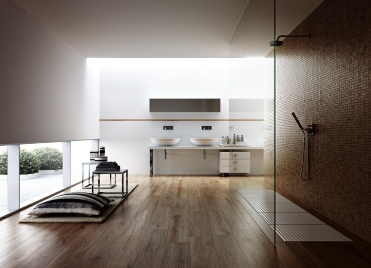 idea di interior design lavabo da bagno design in parquet di legno