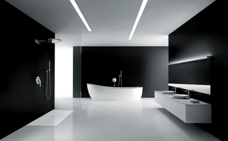 vonios kambario dizainas juoda balta vonia idėja modernus atviras itališkas dušo kabinos šviestuvas