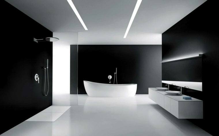 bagno design nero bianco vasca da bagno idea moderna cabina doccia italiana aperta lampadario