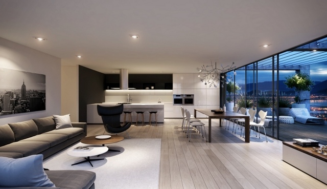 svetainė su valgomuoju virtuvė-terasa-palėpė-moderni