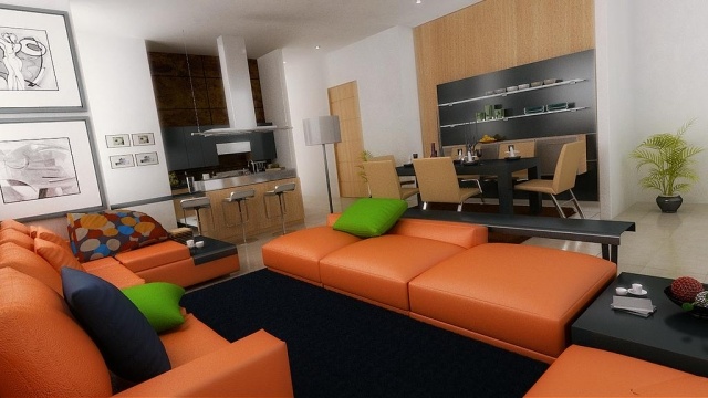 sofa-svetainė-oranžinė-palėpė-balta-juoda-mediena