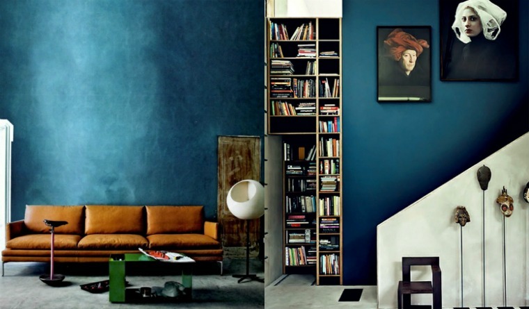 interni soggiorno blu design divano in pelle deco anatra parete blu