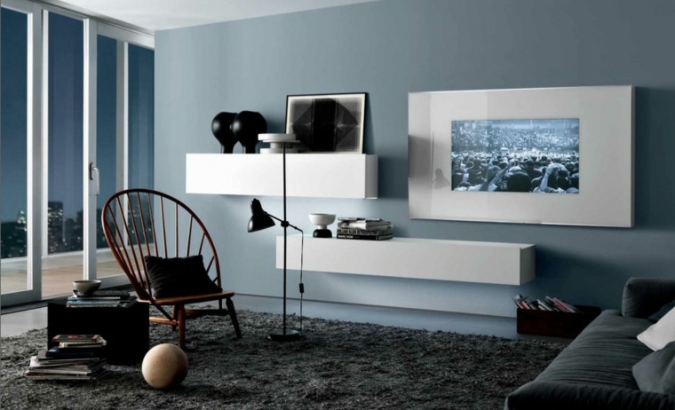 suvremeni dizajn dnevnog boravka drveni jastuci za stolice TV ormar siva podna prostirka