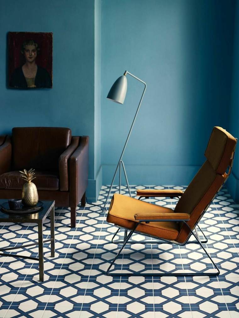 luce blu soggiorno poltrona design pavimento in piastrelle illuminazione