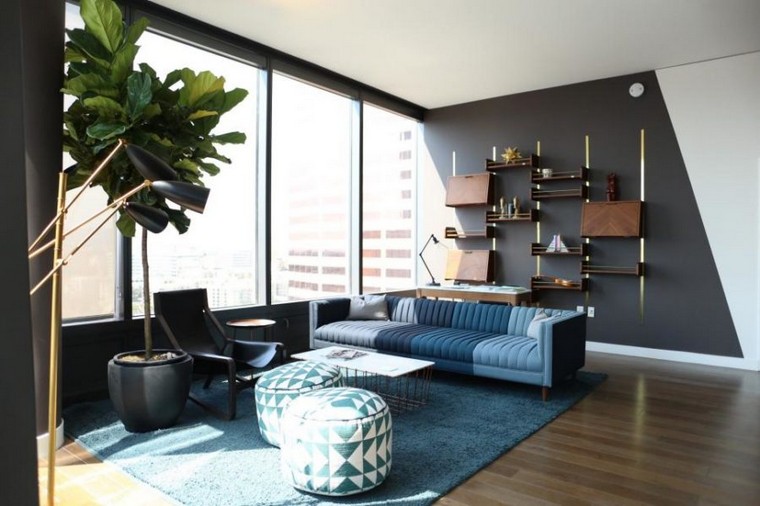 blu soggiorno moderno pouf design deco idea tappetino in legno alla moda