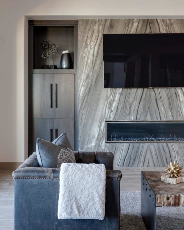 design industriale soggiorno idea divano in pelle decorazione parete TV idea tavolino