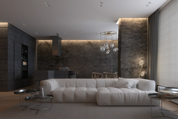 soggiorno interni design moderno lampada sospensione divano bianco