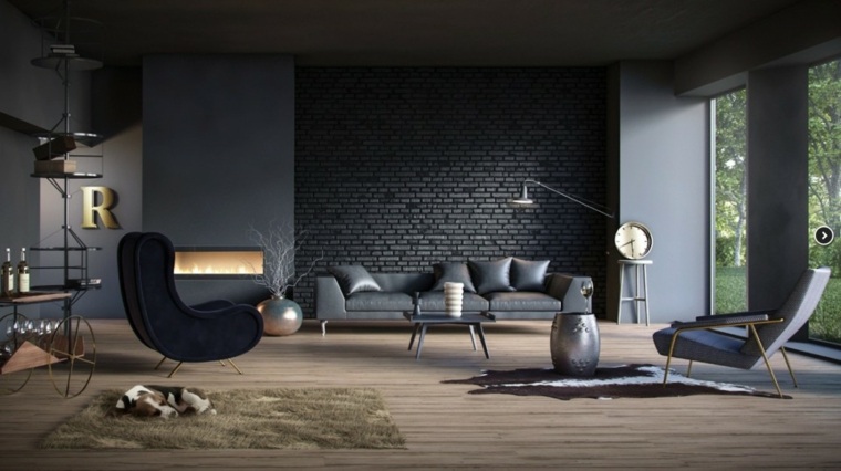 モダンなリビングルームのデザインモダンなインダストリアルスタイルの黒いアームチェアフロアマットレンガの壁