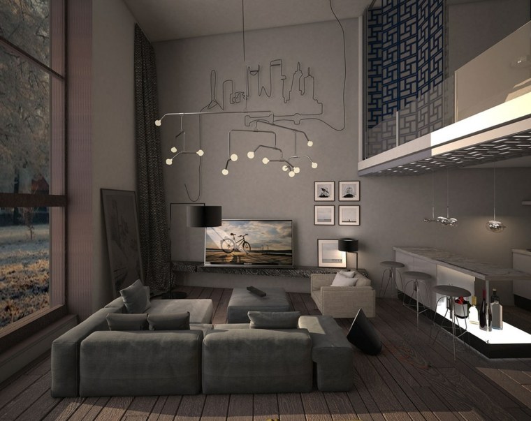 soggiorno moderno design divano ad angolo parquet grigio illuminazione in legno
