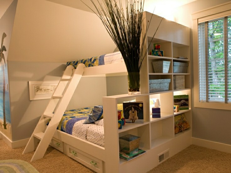 idea camera da letto per bambini spazio di separazione mensole letto idea di decorazione di stoccaggio