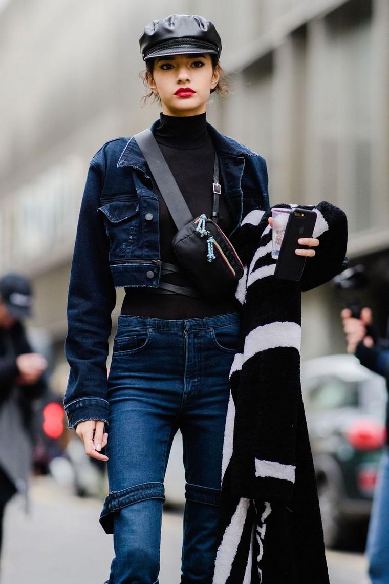 ulična moda žena moda jesen traper kapa traper jakna