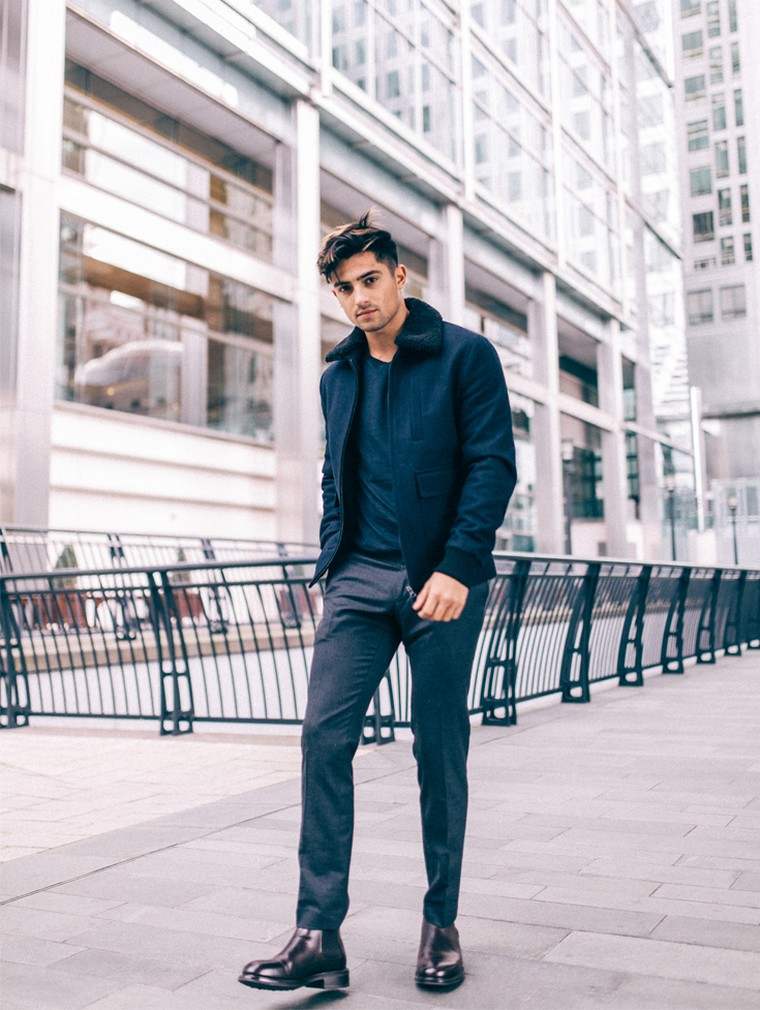 utcai stílusú férfi kabát nadrág pulóver frizura ötlet