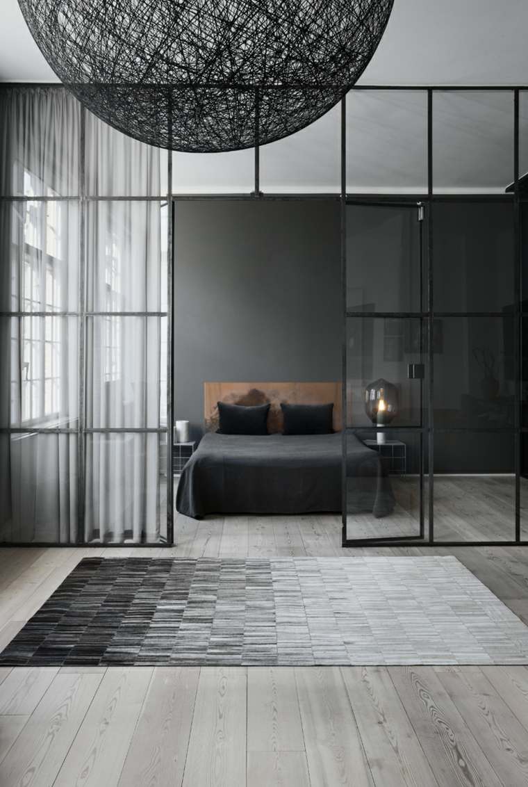 šik spavaća soba sivi crni tepih tvrtke Linie Design