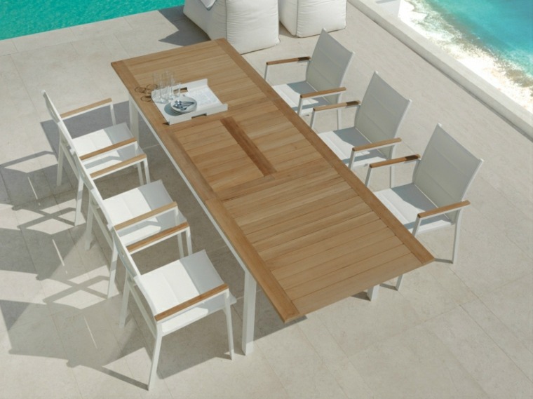 medinis sodo stalas balta medinė kėdė lauko dizaino baseinas