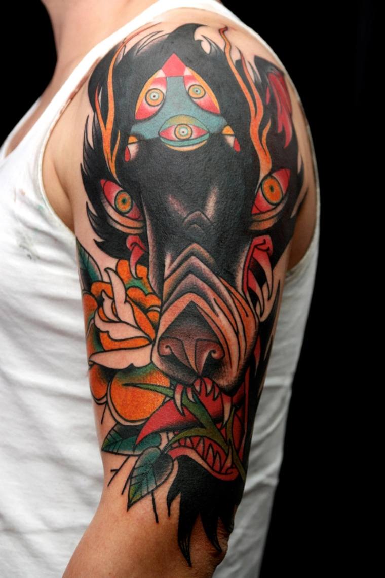tatuaggio lupo giapponese a colori