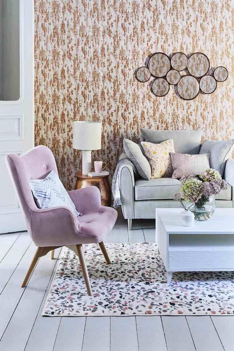 trendy e moderno design d'interni soggiorno deco divano cuscini poltrona tappetino carta da parati
