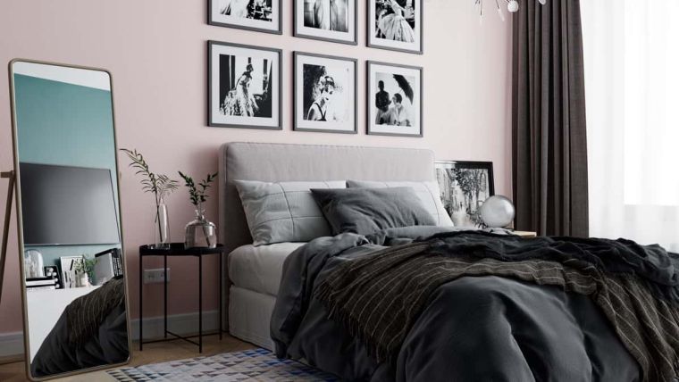 ピンクとグレーの2021年の寝室の装飾の傾向