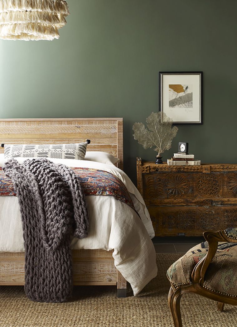 緑のデザインの寝室