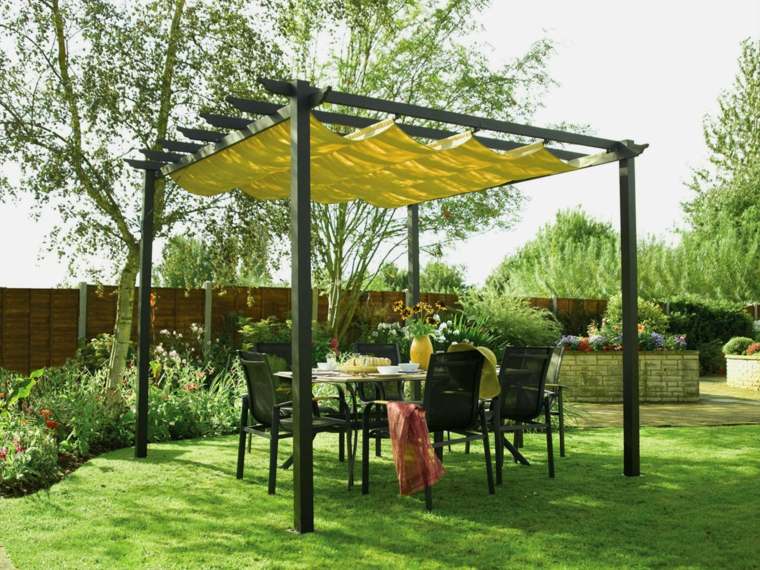 ガーデンテントアイデア黄色のベール木製椅子テーブルトレンディなデザイン