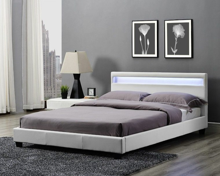 idea di decorazione della camera da letto con testiera luminosa tappetino grigio scuro