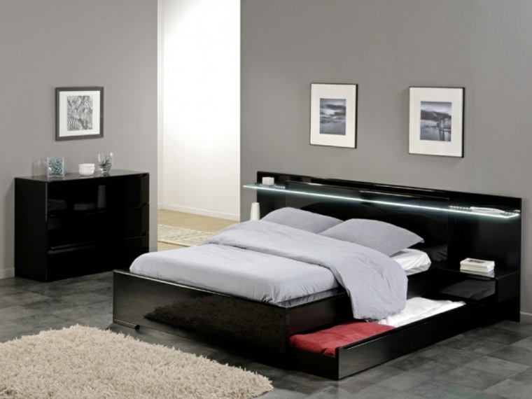 led világítás deco ötlet falkeret ágy padlószőnyeg bútor fekete fa design